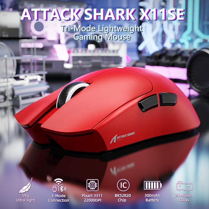 MAMBASNAKE Attack Shark X11SE Lightweight Wireless Gaming Mouse Tri-Mode 2.4G/USB-C Wired/BT 22K DPI PAW3311 Optical Sensor 59g 5 Programmable Buttons 300mAh Battery for PC/Mac(Red)