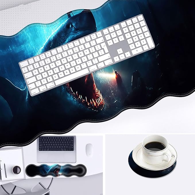 Large Mouse Pad and Keyboard Wrist Rest Desk Pad for Keyboard and Mouse 4-in-1 Large Gaming Mouse Pad with Wrist Support Desk Mat for Home Office Study Game-Cute Shark