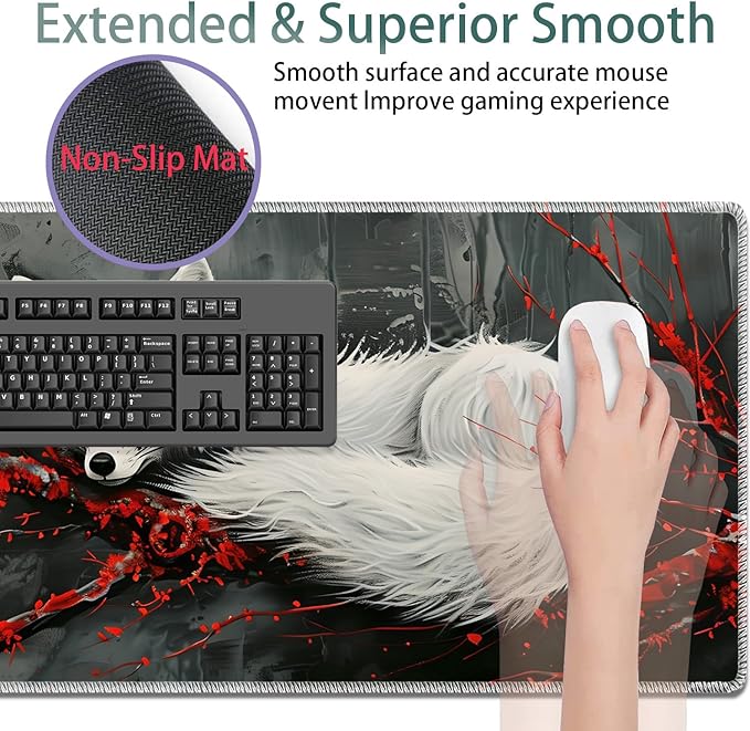 Large Gaming Mouse Pad + Keyboard Wrist Rest + Wrist Support + Coaster Set Memory Foam Ergonomic for Easy Typing XXL Extended Gaming Mouse Pad Table Pad - Red Branch and Fox