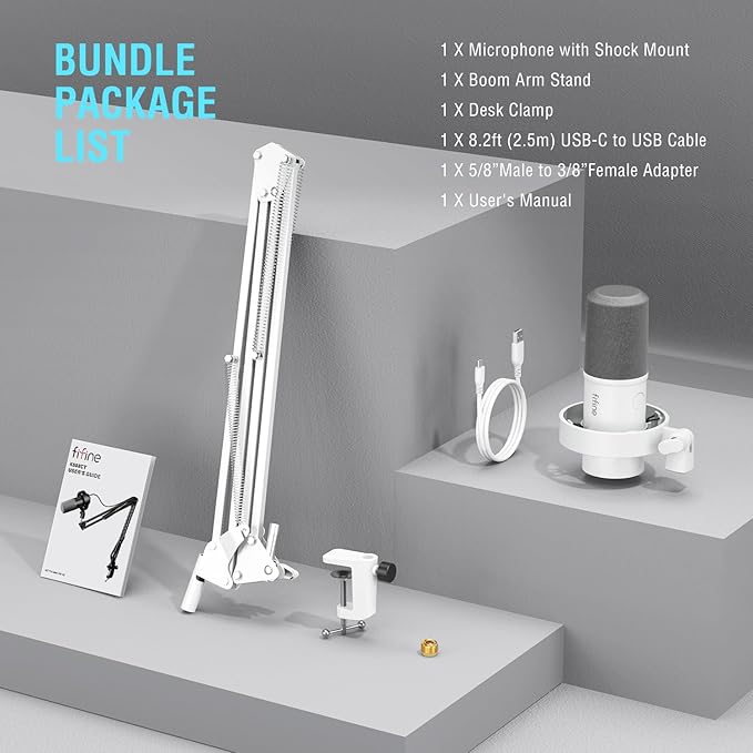 FIFINE Dynamic Microphone with Boom Arm Studio Vocal XLR Microphone Podcast USB Mic Kit for PC with Mute Button Volume Knob Headphone Jack for Streaming Recording-AmpliTank K688CT White