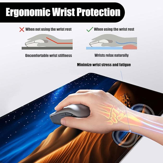 Mouse PadLarge Desk Mat Set 4in1 XL Mousepad + Keyboard Wrist Rest+Mouse Wrist Rest+Coaster with Ergonomic Desk Pad for Home Office Table Computer Cover -Desert Dunes Under Starry Sky