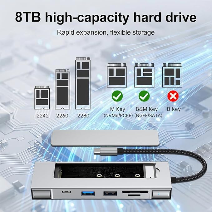8-in-1 USB C Hub with M.2 NVMe SSD Enclosure 4K HDMI 100W PD 10Gbps USB-C USB3.2 SD/TF Card Reader for XPS Dell MacBook Pro iPad Pro Upgraded