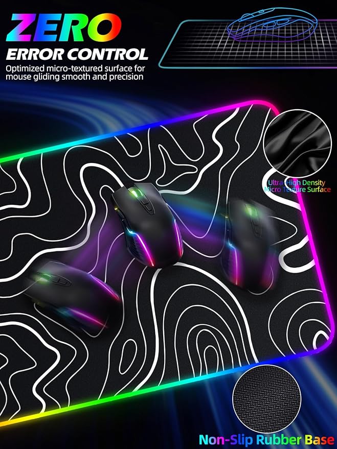 XXL Mouse Pad with Foldable Phone Holder - Black RGB Desk Mat with 15W Fast Charging LED Gaming Mousepad with 11 Light Colors Waterproof Non-Slip Pad (Stand-XXL RGB Topographic)