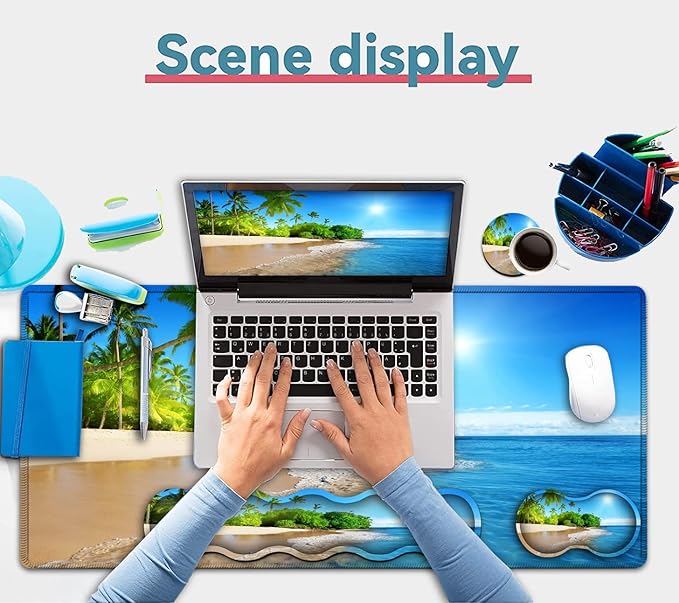 Office Desk Pad Large Mouse Pad(31.5 x 11.8) Laptop Desk Table Protector Extended Writing Mat Ergonomic Memory Foam Keyboard Wrist Rest SupportTropical Palm Sea Beach View Gaming Mouse Pad Set