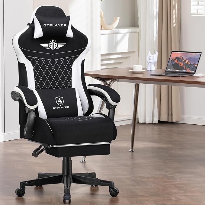 GTPLAYER Gaming Chair Video Game Chairs with Footrest and Lumbar Support Computer Chair for Adults with Extended Backrest Ergonomic Reclining Silla Gamer Fabric Black