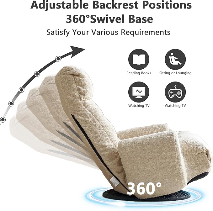 360° Swivel Gaming Floor Chair Adjustable 3-Position Folding Sofa Chair with Armrests &amp Phone Holder Cushioned Indoor Chaise Lounge Rocker for Teens &amp Adults (Beige)