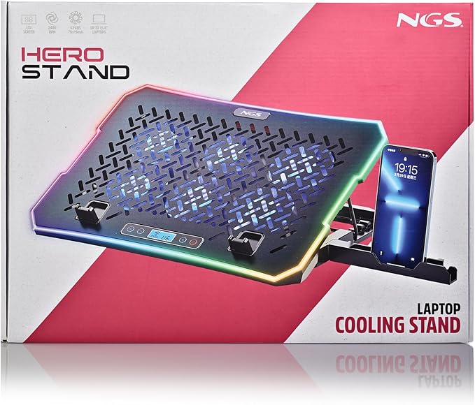 NGS Hero Stand Laptop Cooling Dock 6 Quiet Fans LCD Display RGB Height Adjustable 2 USB Ports Smartphone Holder Non-Slip 2400 RPM