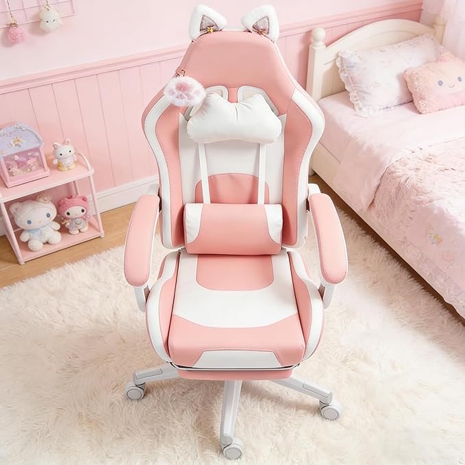 Gaming Chair with Footrest Cute Cat Gamer Chair with Reclining Massage Lumbar Support and Headrest for Cute Home Office Setup Pink