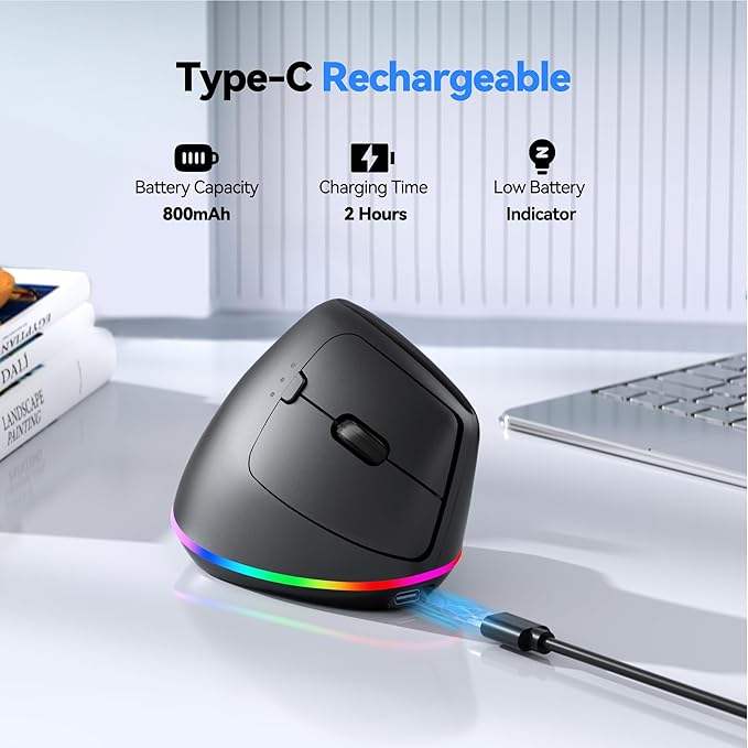 TECKNET RGB Rechargeable Wireless Ergonomic Mouse - USB+Bluetooth Multi-Device LED Vertical Mouse with 11 RGB Backlight Modes 4800 DPI Adjustable Ergo Mice for Windows and Mac Black