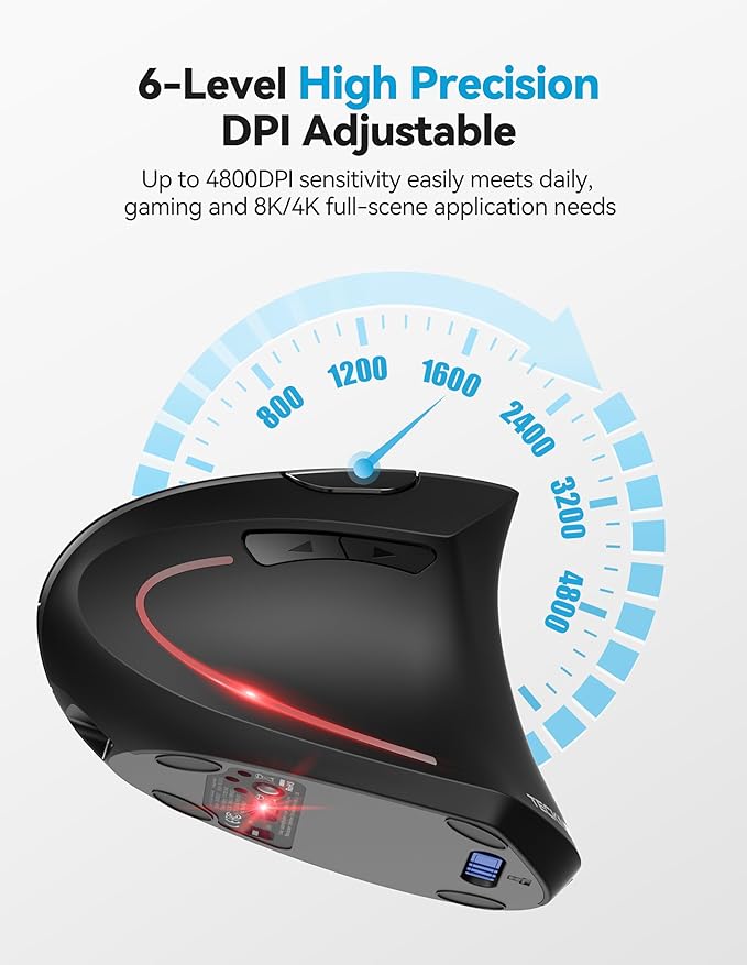 TECKNET Ergonomic Mouse Rechargeable Bluetooth - 4800 DPI Vertical Mice 6 Adjustable Levels Wireless Optical Carpal Tunnel Mouse Right Hand Multi Device for Laptop PC Computer MacBook - Black
