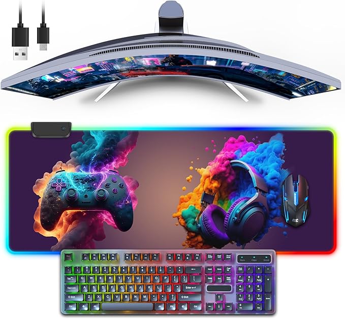 RGB Gaming Mouse Pad Large Mousepad with LED Light 13 Light Modes Touch Control Extended Soft Computer Keyboard Mat Pad Desk Mat with Non-Slip Rubber Base for MacBook Laptop(31.5X11.8 Game Handle)