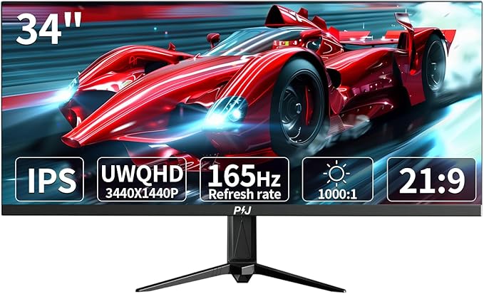PIJ Gaming Monitor 34 inch IPS 165Hz Ultrawide PC Screen 3440×1440P Ultra-Thin Zero Frame Computer Display for Home Office Business DP HDMI Wall-Mounted Black