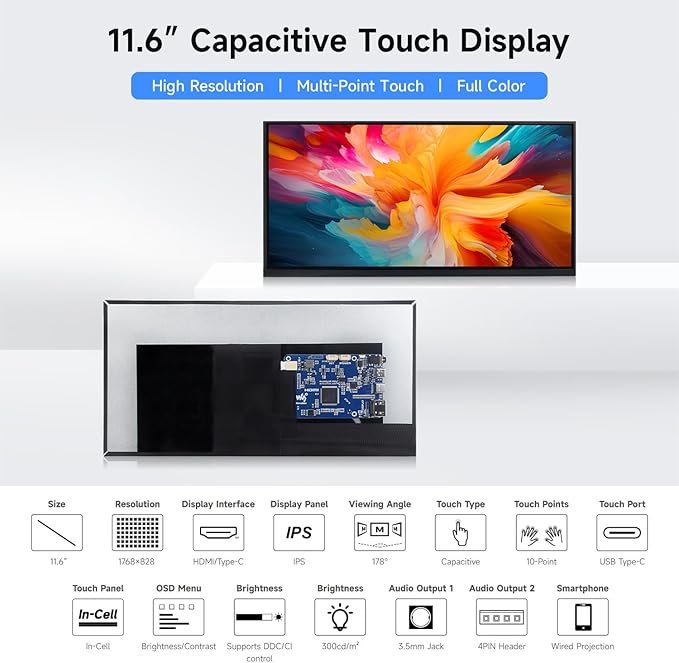 Waveshare 11.6inch Capacitive Touch Display in-Cell Technology 1768×828 Compatible with Raspberry Pi 5/4B/3B/Zero/Zero W/Zero 2W/Pico/Pico Supports Windows/Jetson Nano/TX2/Xavier NX/Orin
