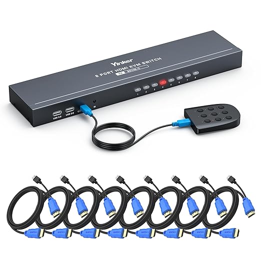 KVM Switch HDMI 8 Port 4K@30Hz USB HDMI Rack KVM Console 8 in 1 Out w/9pack Cables 4 USB 2.0 Hubs Desktop Selector IR Remote &amp Ears
