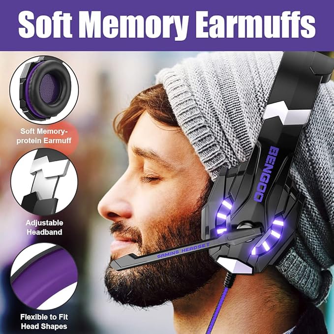 BENGOO G9000 Stereo Gaming Headset for PS5 PS4 PC Xbox One Controller Noise Cancelling Over Ear Headphones with Mic LED Light Bass Surround Soft Memory Earmuffs - Purple