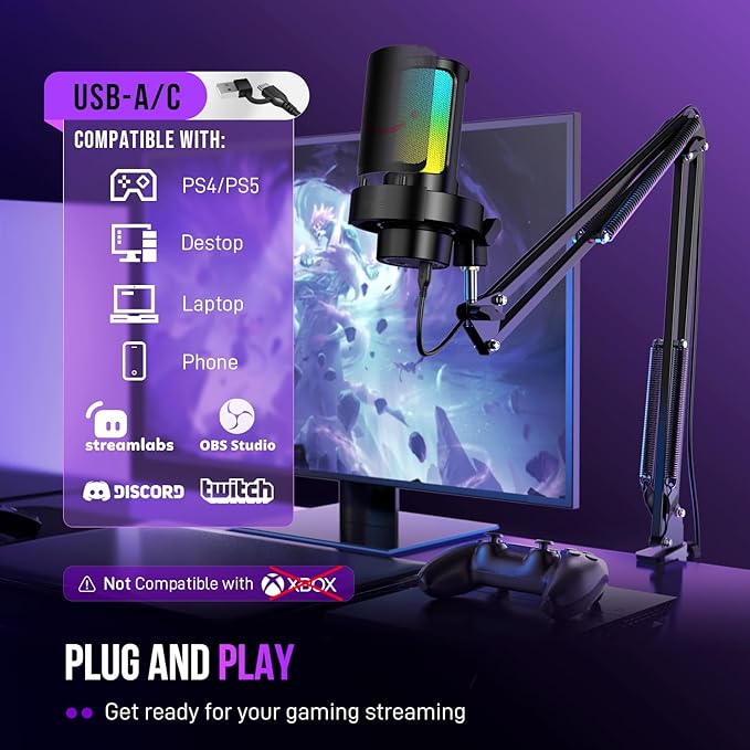 FIFINE USB Gaming Microphone Kit PC Streaming Mic with RGB Lights Mute Gain Knob Metal Boom Arm for Recording Podcast Condenser Computer Microphone Set Compatible with PS4/PS5-AmpliGame A8T