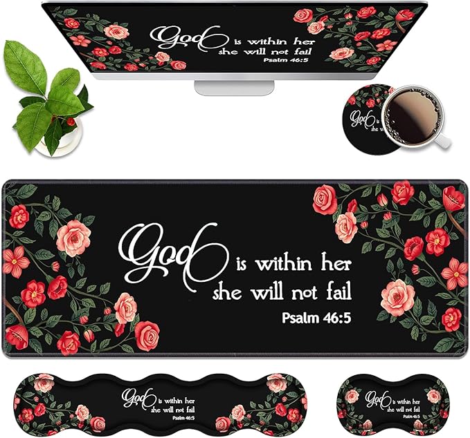 4 in 1 Ergonomic Memory Foam Mouse Pad Wrist Rest Set Large XXL Gaming Desk Pad + Keyboard Wrist Rest + Mouse Wrist Cushion + Coaster for Home Office Study Gaming Floral Quote Bible Verse Psalm 46:5