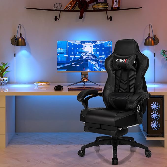 GYMAX Gaming Chair Ergonomic Computer Chair with Footrest Linkage Armrests &amp Lumbar Cushion Big Wide High Back Video Gaming Chair Reclining Office Rolling Chair for Adult/Teens (Black)