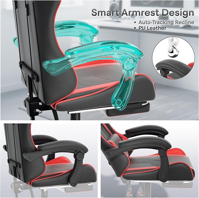Athena Collection Ergonomic Gaming Chair with Footrest &amp Headrest Lumbar Support Height Adjustable Swivel Office Chair Reclining Game Chair Leather High Back Computer Chair for Adults Kids Red
