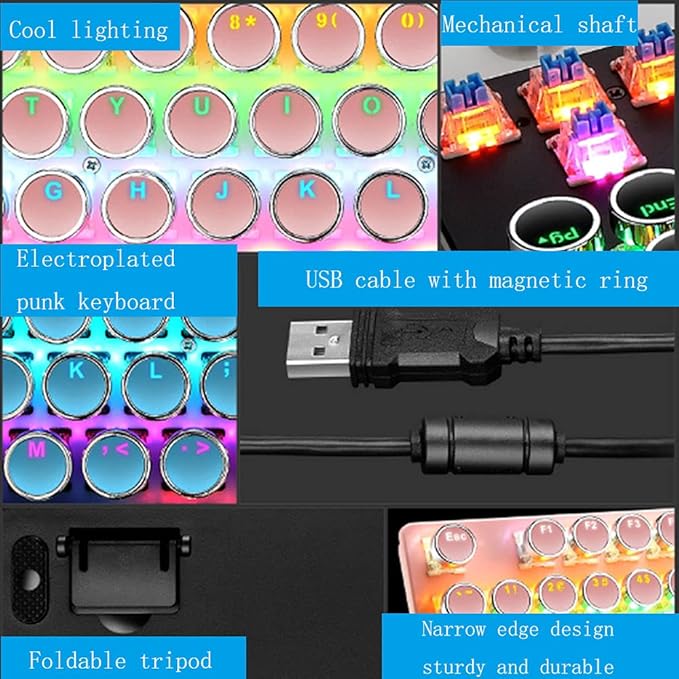 Mechanical Gaming Pink Keyboard87 Key Retro Punk Typewriter-StyleBlue Switch RGB Backlit KeyboardAnti-Ghosting USB Wired for PC Laptop Desktop Computer for Game and Office