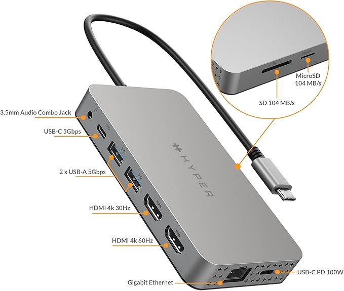 HyperDrive M1 M2 MacBook Pro USB C Hub - 10-in-1 USB Hub Dual 4K HDMI Ethernet USB-A USB C Adapter