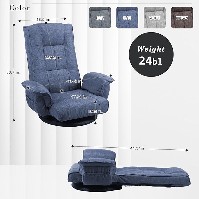 360 Degree Swivel Floor Chairs for Adults Gaming Floor Chair with Back Support 14 Angles Adjustable Comfortable Floor Lounge Chair Folding Video Game Chairs Office Bedroom 201(Blue)