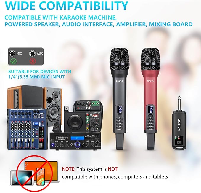 Dual Rechargeable Wireless Microphones Pro Handheld Cordless Mics System with Echo Treble BASS VOL Control for Karaoke Singing Church Party 1/4'' Output Grey&ampRed