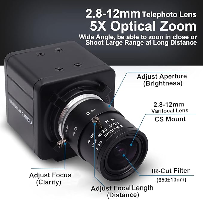 SVPRO 2.8-12mm Manual Zoom Lens 1080P Full HD Webcam Wide Angle Portable PC Computer USB Camera for Streaming with CMOS OV2710 Sensor for WindowsAndroidLinux MAC OS1/4 Inches Screw Mount