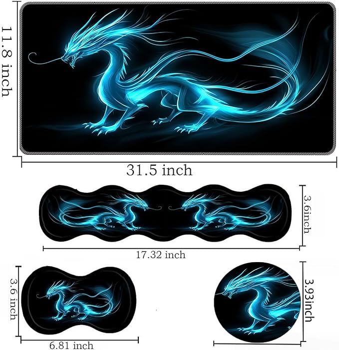 Keyboard Mouse Pad SetLarge Desk Pad+Keyboard Wrist Rest+Mouse Wrist Support+CoasterEasy Typing Pain Relief Non-Slip Wrist Support Mousepad Set Home OfficeBlue Dragon