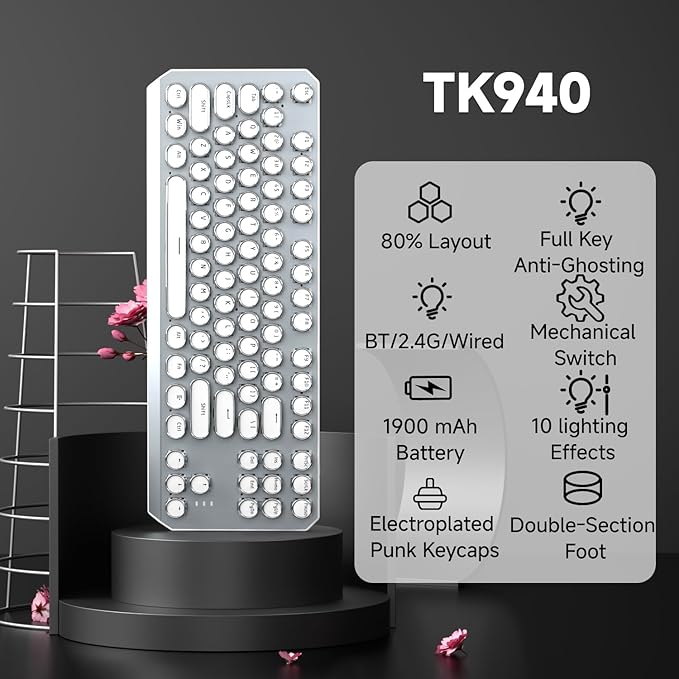 EWEADN TK940 Wireless White Typewriter Mechanical Keyboard87 Keys Aesthetic Mechanical Keyboard Tri-Mode Blue Switches White Backlit Keyboards Retro Punk Keyboards for Windows/Mac/PC