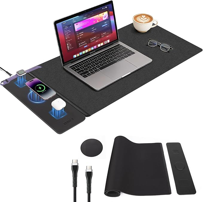 Wireless Charging Mouse Pad with 2nd Gen Tech 3-in-1 25W Fast Charger Replaceable Rubber &amp Microfiber Leather Desk Mat Large Waterproof Desk Pad for Office &amp Gaming(Leather Mat&amp Coaster