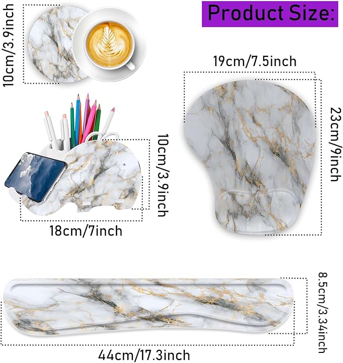 Keyboard Wrist Rest Pad Ergonomic Mouse Pad SetNon-Slip PU Base for Laptop Home Gaming OfficeMatching Elephant Pen Holder and Cup Coaster(Gold Marble) …