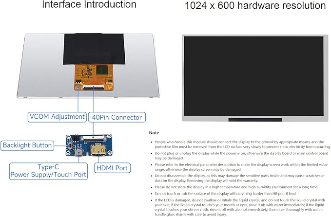 1024 × 600 Resolution 7inch IPS Display Integrated Thin and Light Screen for Raspberry PiJetson NanoWindows PCSupport Windows/Linux/Android System170° Wide Viewing Angle
