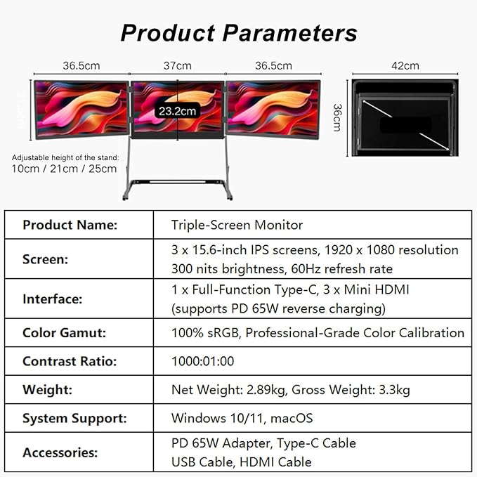 100% sRGB 1080P IPS Laptop Screen Extender Triple Monitor 15.6 Foldable Portable Display for Laptop Height Adjustable