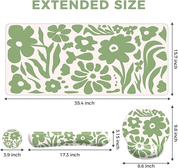iCasso Desk Cover Mat 4in1 Floral Large Mouse Pad with Wrist Rest Desk Matt for Desktop Anti-Slip XXL Big Computer Ergonomic Mousepad with Wrist Support for Keyboard and Mouse (Green)