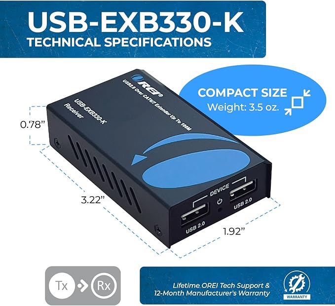 OREI USB 2.0 Over Ethernet Cat5e/6 Extender LAN Upto 330 Feet - Extends 2 Ports USB-A Signal Over LAN Ethernet - Power Over Cable for Long Distance Extension Supports All Operating System