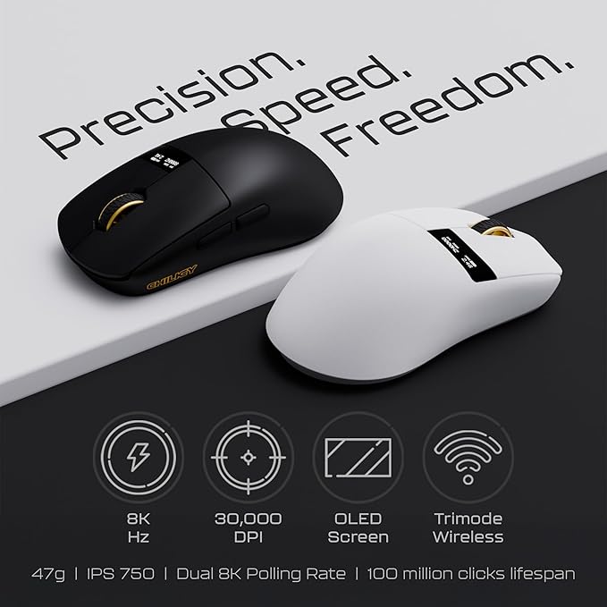 Chilkey Wireless Mouse Glacier LW 8K L Gaming Mouse with LCD Screen 8K Polling Rate 30000 DPI Optical Tracking 750 IPS Bluetooth/2.4GHz/USB-C 47g Ultra-Lightweight 100 Million Clicks