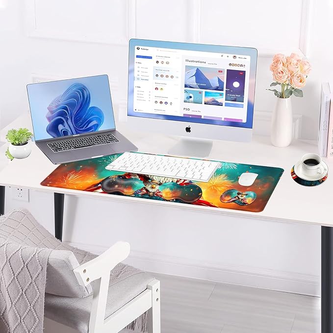 Large Keyboard Mouse Pad Set Extended Mouse Pad+Keyboard Wrist Rest Support Memory Foam Ergonomic Easy Typing 4Pcs (31.5×11.8 in) Desk Pad Set for Office HomeAmerican Flag Eagle