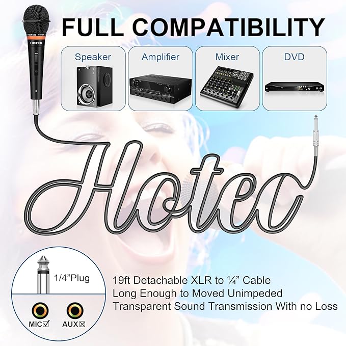 HOTEC Premium Wired Vocal Dynamic Handheld Microphones - Includes 19ft Detachable XLR Cable and ON/Off Switch - 2 Pack Metal Black