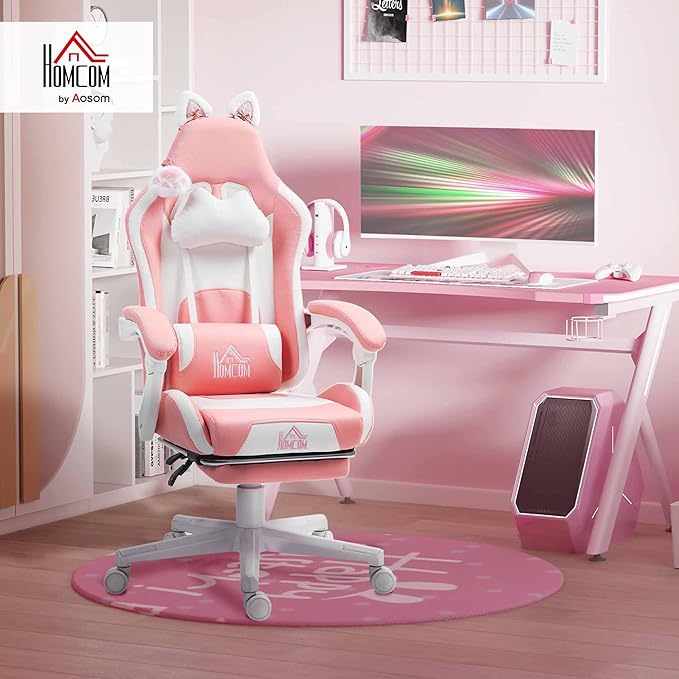 HOMCOM Racing Gaming Chair with Cat Ears Reclining Faux Leather Computer Chair with Footrest Lumbar Support and Headrest Height Adjustable Gamer Chair with Swivel Seat and Wheels Pink