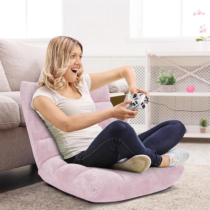 KOMFOTT 14-Position Adjustable Floor Chair with Back Support - Folding Padded Gaming Sofa Chair for Reading Meditation Living Room Lazy Lounge Video Gaming - Light Pink