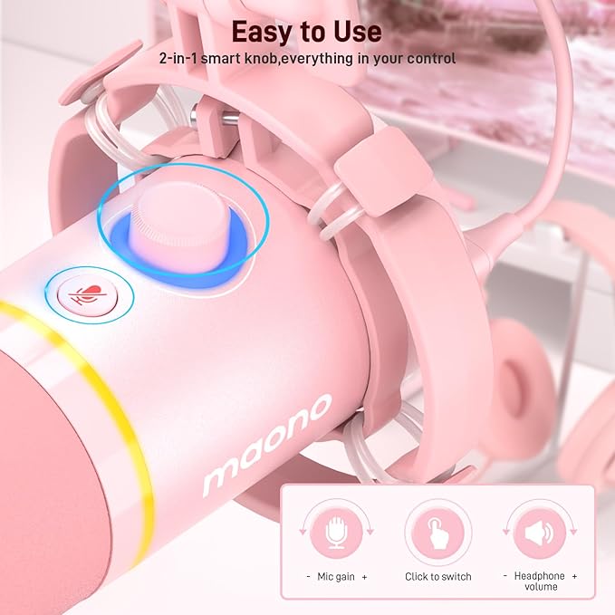 MAONO XLR/USB Dynamic Microphone Kit RGB Gaming Mic with Software Mute Gain Knob Volume Control Boom Arm for Streaming Podcasting Voice-Over Recording-PD200XS Pink