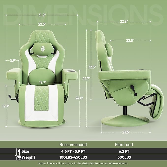 Dowinx Racing Style Gaming Recliner Chair with Massage Lumbar Support Footrest Cup Holder Side Pouch High Back Ergonomic Video Game Chair Reclining No Wheels Heavy Duty Fabric Green