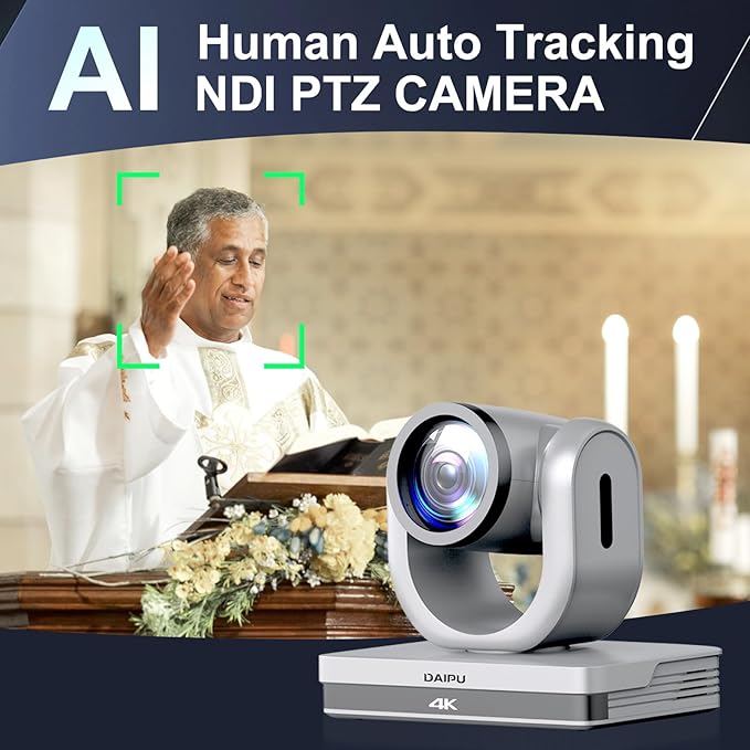 NDI PTZ Camera 4K 20X Optical Zoom HDMI USB SDI LAN PoE AI Auto Tracking PTZ Conference Camera for Church Live Streaming Video Conference Education Broadcast with YouTube Facebook Live Zoom