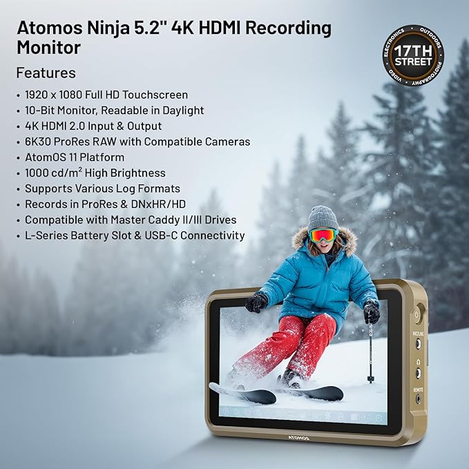 Atomos Ninja 5.2 4K HDMI Recording Monitor with Atomos StudioSonic Professional Over-Ear Headphones (Black) Headphone Stand &amp Swivel and Tilt Adjustable Monitor Mount (Cold Shoe Mount) Bundle Ki