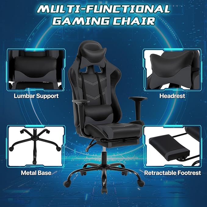 Gaming Chair Ergonomic Office Chairs PU Leather High-Back Computer Chair with Footstool and Lumbar Support360°Swivel Game Chairs with Headrest for Office &amp GamingBlack (Grey)