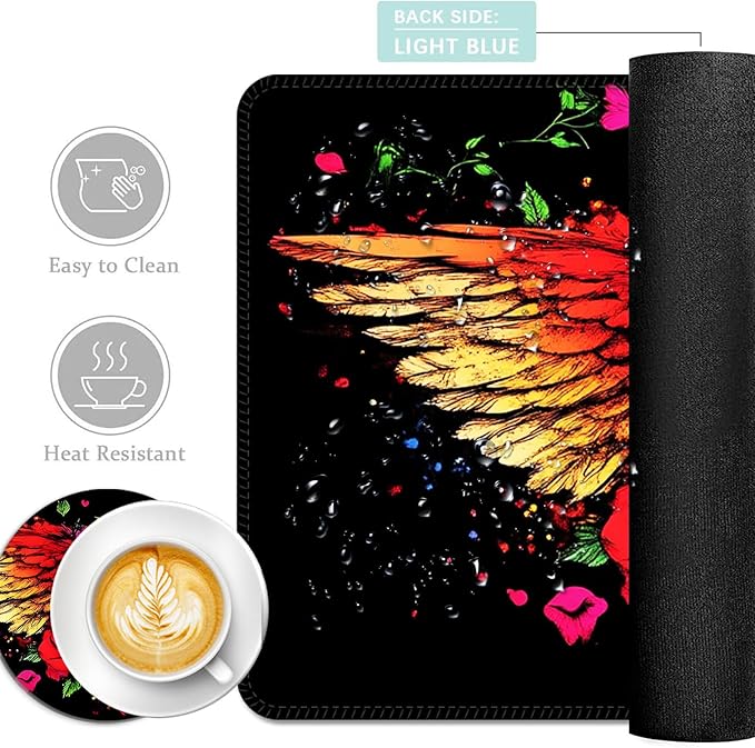 Keyboard Mouse Pad Set Extended Gaming Mouse Pad+Ergonomics Keyboard Wrist Rest Support Memory Foam Easy Typing Pain Relief 4Pcs XL Ultra Thick Desk MatRainbow Skulls Wings Roses