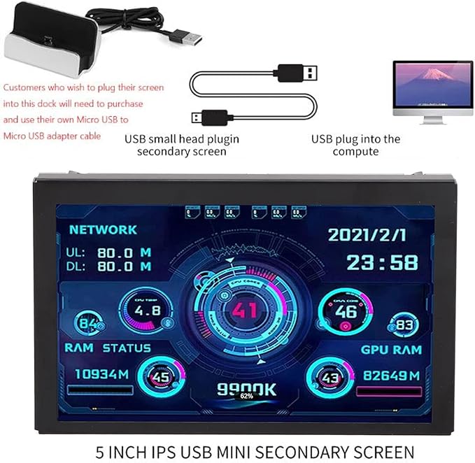 5 Inch USB Mini Screen  Computer Temperature Monitor Display PC CPU GPU Data Monitor 360 Degree Rotation Computer Case Secondary Screen