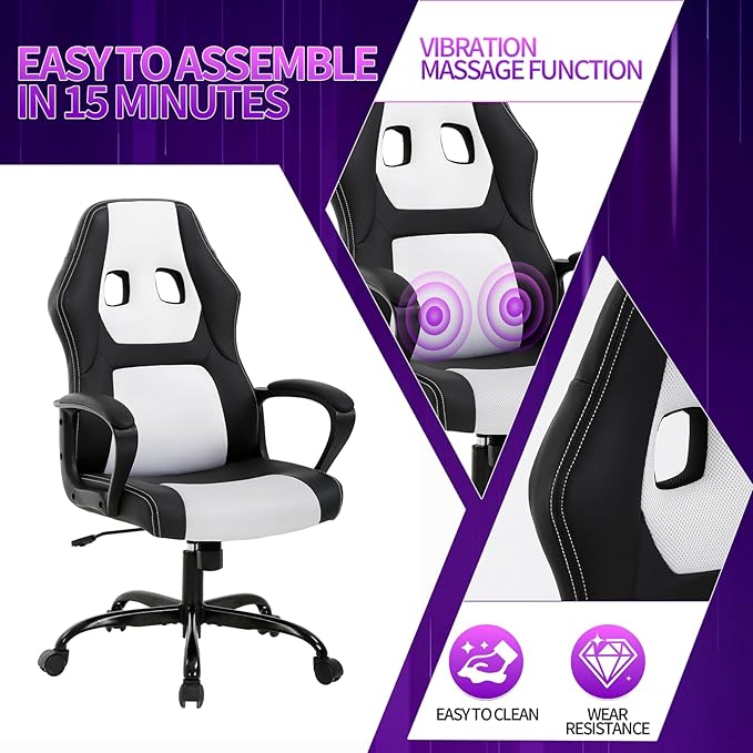Gaming Chair Office Chair Adjustable Ergonomic High Back Massage Computer Desk Chairs with Lumbar Support PU Leather Racing Chairs Rolling Swivel for Adult &amp TeenWhite