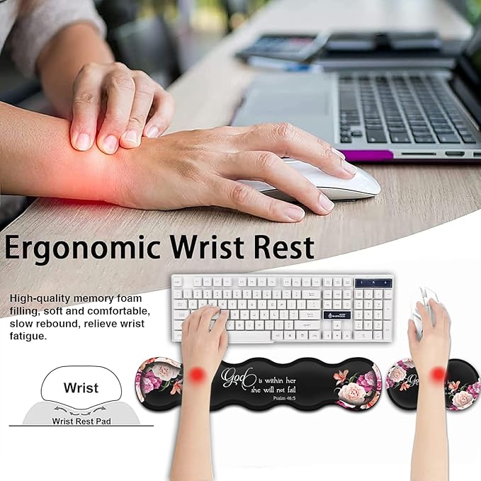 Keyboard Mouse Pad Wrist Rest Support Set Extended Gaming Mouse Pad Large XXL Mousepad + Ergonomic Memory Foam Wrist RestOffice Desk Mat Waterproof Writing Pad Peony Flower Psalm 46:5 Black